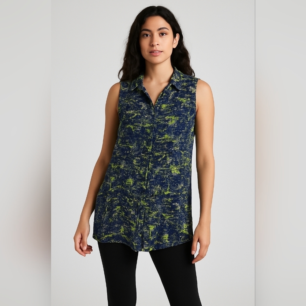 Monki Sleeveless Printed Button-Down Tunic Top – Size M